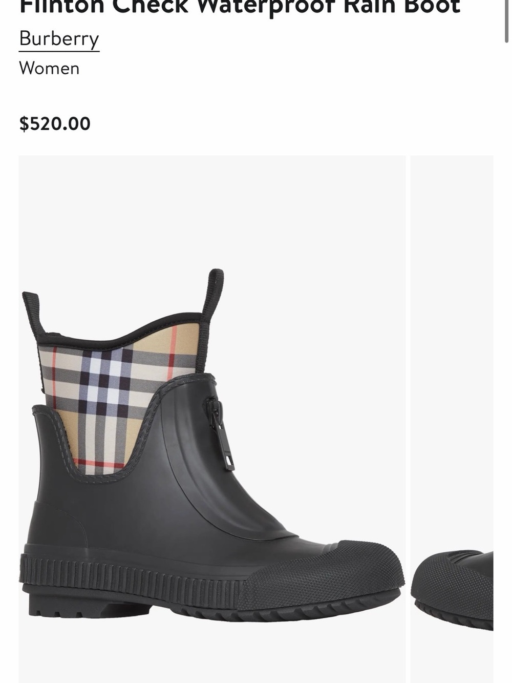 Burberry Black Rubber Ankle Rain Boot with Vintage Check Shaft